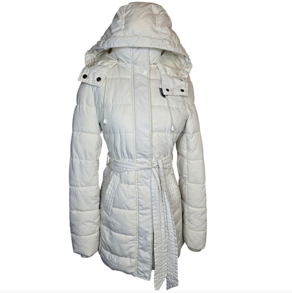 American Eagle Outfitters Puffer Coat Belted Hooded Womens XS Cream Winter Warm